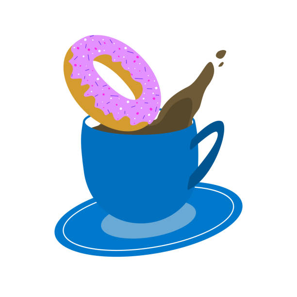 ilustrações de stock, clip art, desenhos animados e ícones de blue cup of coffee with donut on white background vector illustration - coffee bagel donut coffee cup