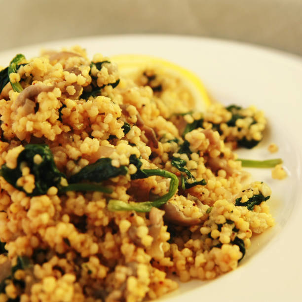 Millet with mushrooms and spinach. Jewish cuisine.