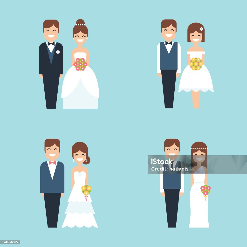 Cartoon bride and groom happy smiling wedding couple flat vector icon set Set of four vector illustrations/icons with happy smiling cartoon couples in different outfits, bride and groom on their wedding day in simple flat design. Bride stock vector