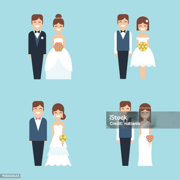 Cartoon Bride And Groom Happy Smiling Wedding Couple Flat Vector Icon Set Stock Illustration - Download Image Now