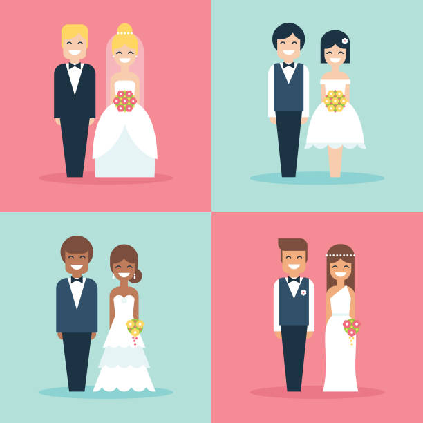 Cartoon Bride And Groom Happy Smiling Wedding Couple Flat Vector Icon Set  Stock Illustration - Download Image Now - iStock