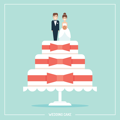 Wedding cake with bride and goom cake toppers flat vector greeting card