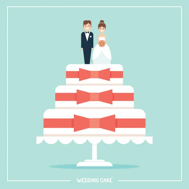 Vector illustration of Wedding cake with bride and goom cake toppers flat vector greeting card