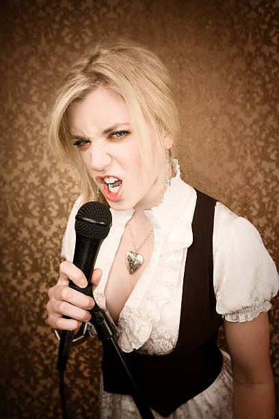 istock Pretty young singer or comedian with microphone 93503254