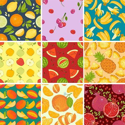 Fruit pattern seamless vector fruity background and fruitful exotic wallpaper with fresh slices of watermelon orange apples and tropical fruits illustration backdrop set.