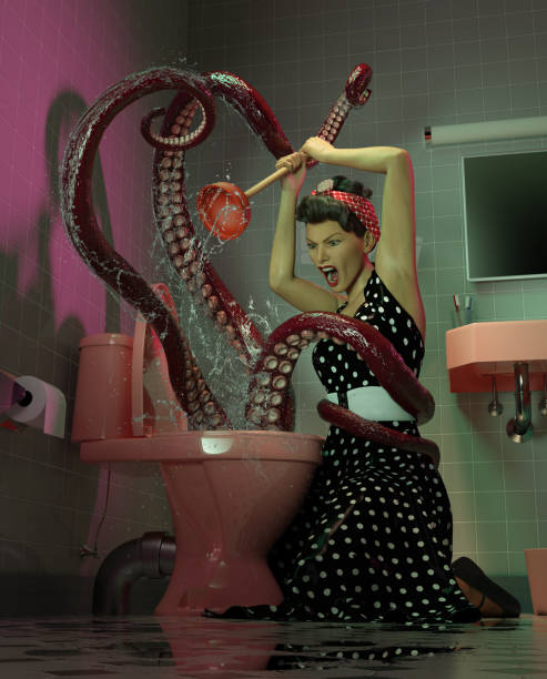 A Very Bad Clog High resolution digital image of a woman battling a very bad clog in her toilet. The woman is dressed in vintage 1950's dress, and has a similar hairstyle. She is yelling fiercely, and wielding a plunger. The clog is represented by a creature that is mostly unseen, except for three tentacles, one of which has wrapped around the waist of the woman. Green and pink tones dominate, and the scene is lit in a classic vintage horror movie style. ugliness photos stock pictures, royalty-free photos & images