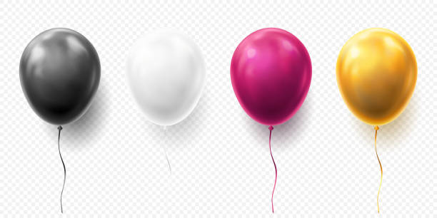 реалистичная глянцевая золотая, фиолетовая, черно-белая иллюстрация вектора воздушных шаров на прозрачном фоне. воздушные шары на день рож - balloon stock illustrations
