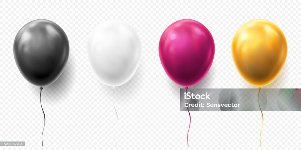 Realistic glossy golden, purple, black and white balloon vector illustration on transparent background. Balloons for Birthday, festive occasions, parties, weddings. Festival romantic decorations Realistic glossy golden, purple, black and white balloon vector illustration on transparent background. Balloons for Birthday, festive occasions, parties, weddings. Festival romantic decorations. Balloon stock vector