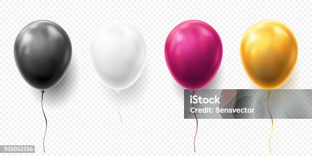 Realistic Glossy Golden Purple Black And White Balloon Vector Illustration On Transparent Background Balloons For Birthday Festive Occasions Parties Weddings Festival Romantic Decorations Stock Illustration - Download Image Now