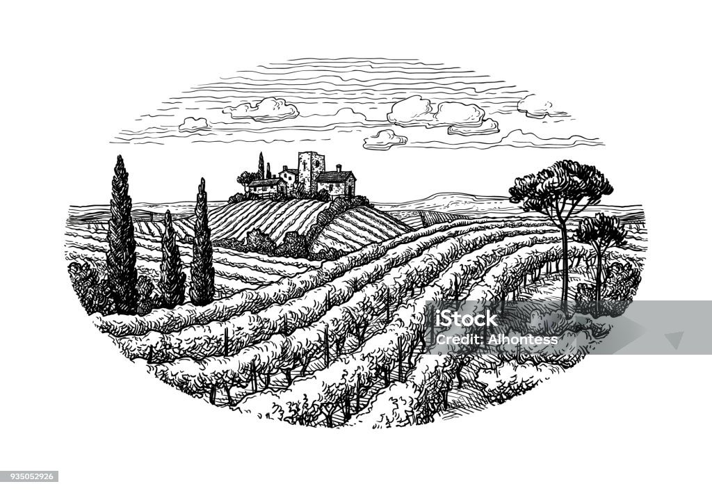 Main sur le paysage viticole. - clipart vectoriel de Vignoble libre de droits