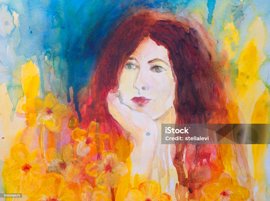 Woman's Portrait - Watercolor painting. Watercolor and acrylic painting of a woman's portrait, on watercolor paper. My own work. Women stock illustration