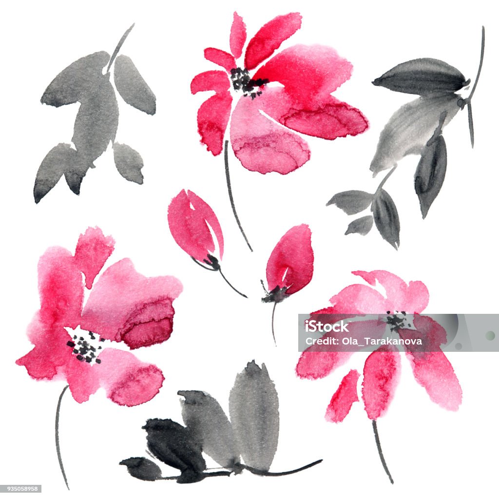 Red flowers set Watercolor and ink illustration of red flowers and leaves. Sumi-e, u-sin painting. Set on white background. Chinese Culture stock illustration