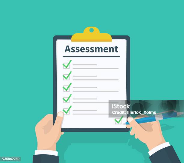 Man Hold Clipboard With Assessment Green Ticks Checkmarks And Pen Checklist Test Complete Tasks Todo List Survey Exam Concepts Flat Design Vector Illustration On Background Best Quality Stock Illustration - Download Image Now