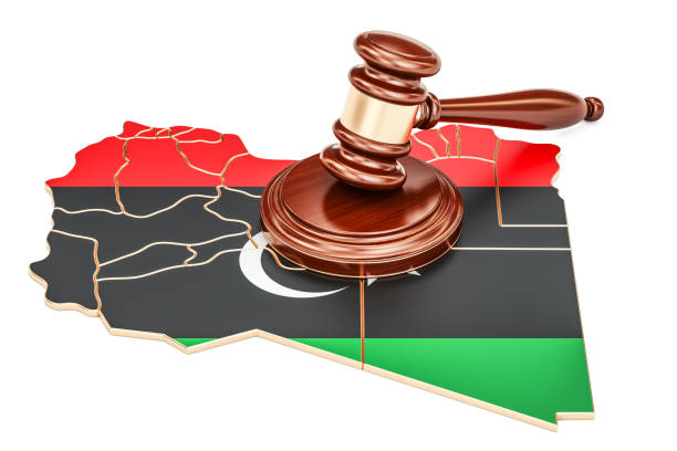 istock Wooden Gavel on map of Libya, 3D rendering isolated on white background 935062374