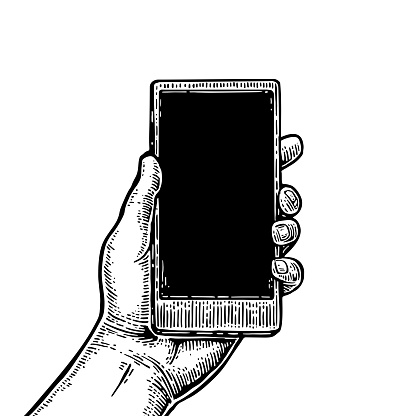 Smartphone hold male hand. Vintage drawn vector engraving illustration for info graphic, poster, web. Isolated on white background