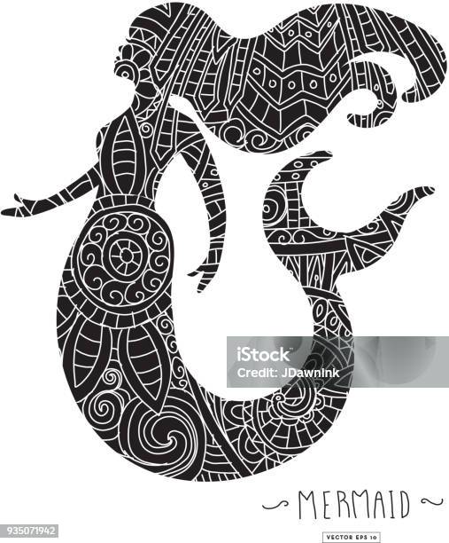 Beautiful Coloring Book Tangle Doodle Mermaid Silhouette Stock Illustration - Download Image Now
