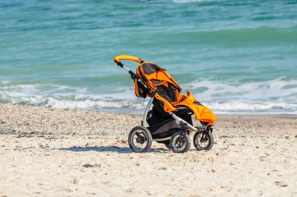 Retro baby stroller isolated on white background. 3d rendering.
