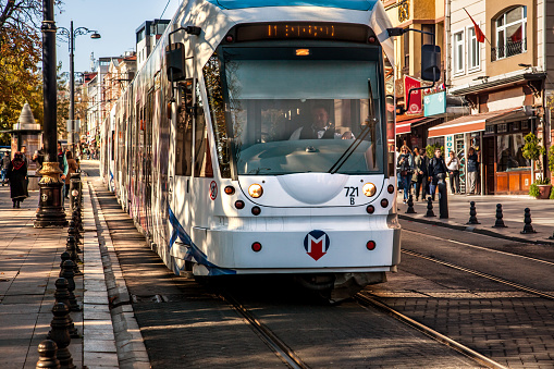 Lisbon, Portugal - July 30, 2023: Tram in Lisbon's old city.
