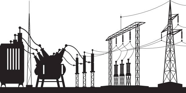 illustrazioni stock, clip art, cartoni animati e icone di tendenza di sottostazione della rete elettrica - elettricità illustrazioni