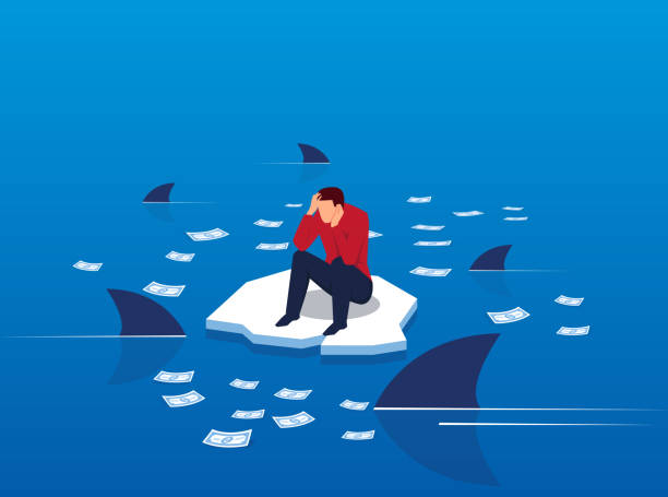 ilustrações de stock, clip art, desenhos animados e ícones de money on the sea surrounded by sharks - ansiedade financeira