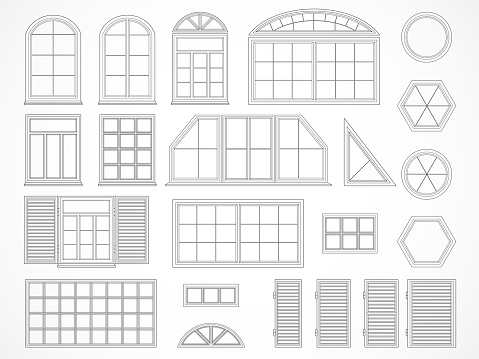 Vector set of black contours windows and shutters. Isolated. Icons.