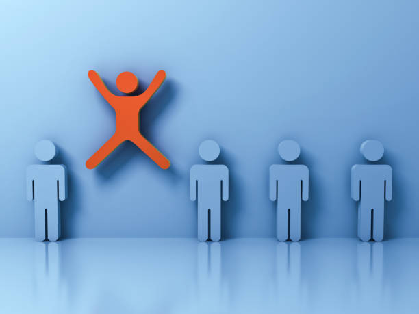 istock Stand out from the crowd and different creative idea concept , One man jumping with arms wide open among other people on light blue pastel color background with reflections and shadows 935128284