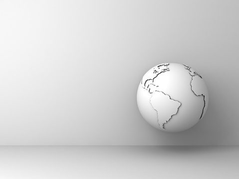 White earth globe isolated on white wall background with shadow . 3D rendering.