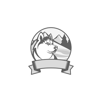 Silhouette vector emblem of siberian husky. Colorful vector emblem Husky and mountain. Vector illustration EPS.8 EPS.10