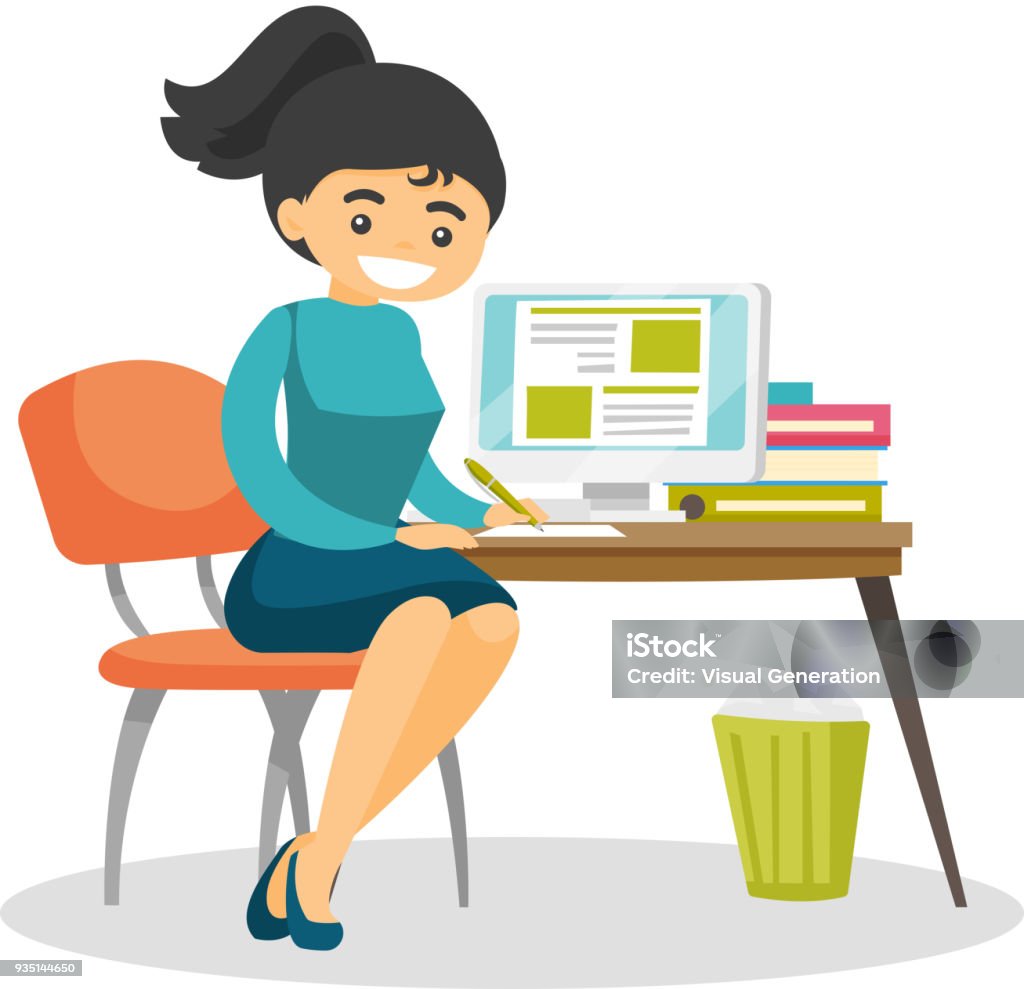 Character Student Using Computer Caucasian Student Using A Computer For Education Stock Illustration ...