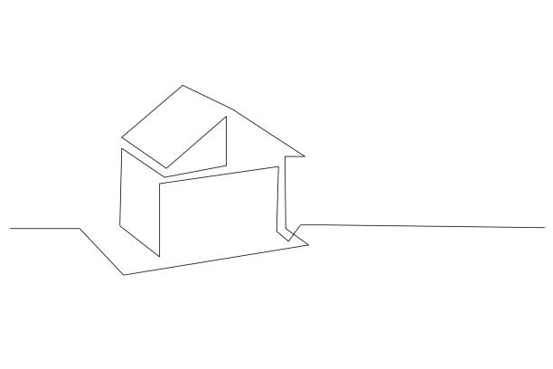 Continuous line drawing of house, building, residential building ...