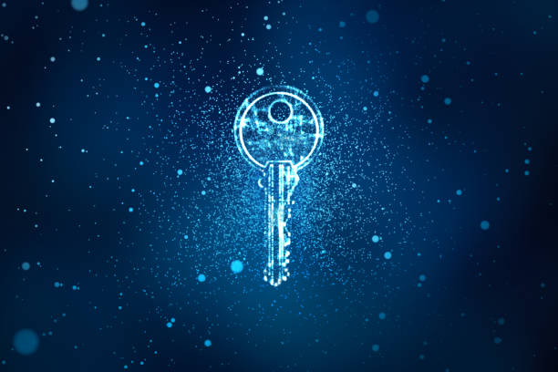 Digital key in keyhole in information security concept background, illustration stock photo