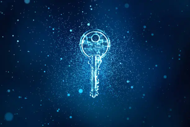 Digital key in keyhole in information security concept background, illustration