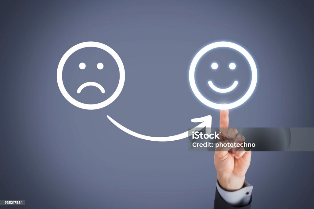 Unhappy and Happy on Touch Screen Customer Focused Stock Photo