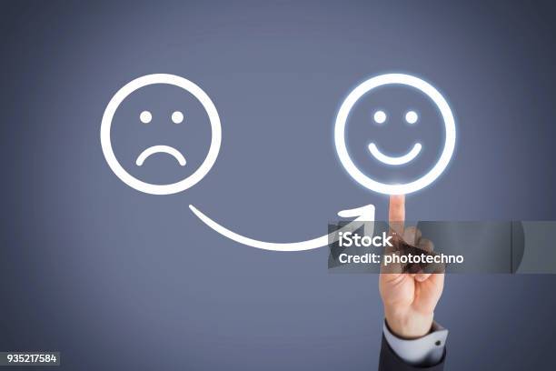 Unhappy And Happy On Touch Screen Stock Photo - Download Image Now - Customer Focused, Concepts, Mental Health