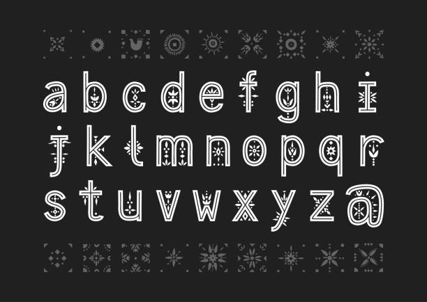 vektor-kleinbuchstaben-alphabet. dekorative buchstaben mit gemusterten negativraum. - danish culture denmark old fashioned sign stock-grafiken, -clipart, -cartoons und -symbole