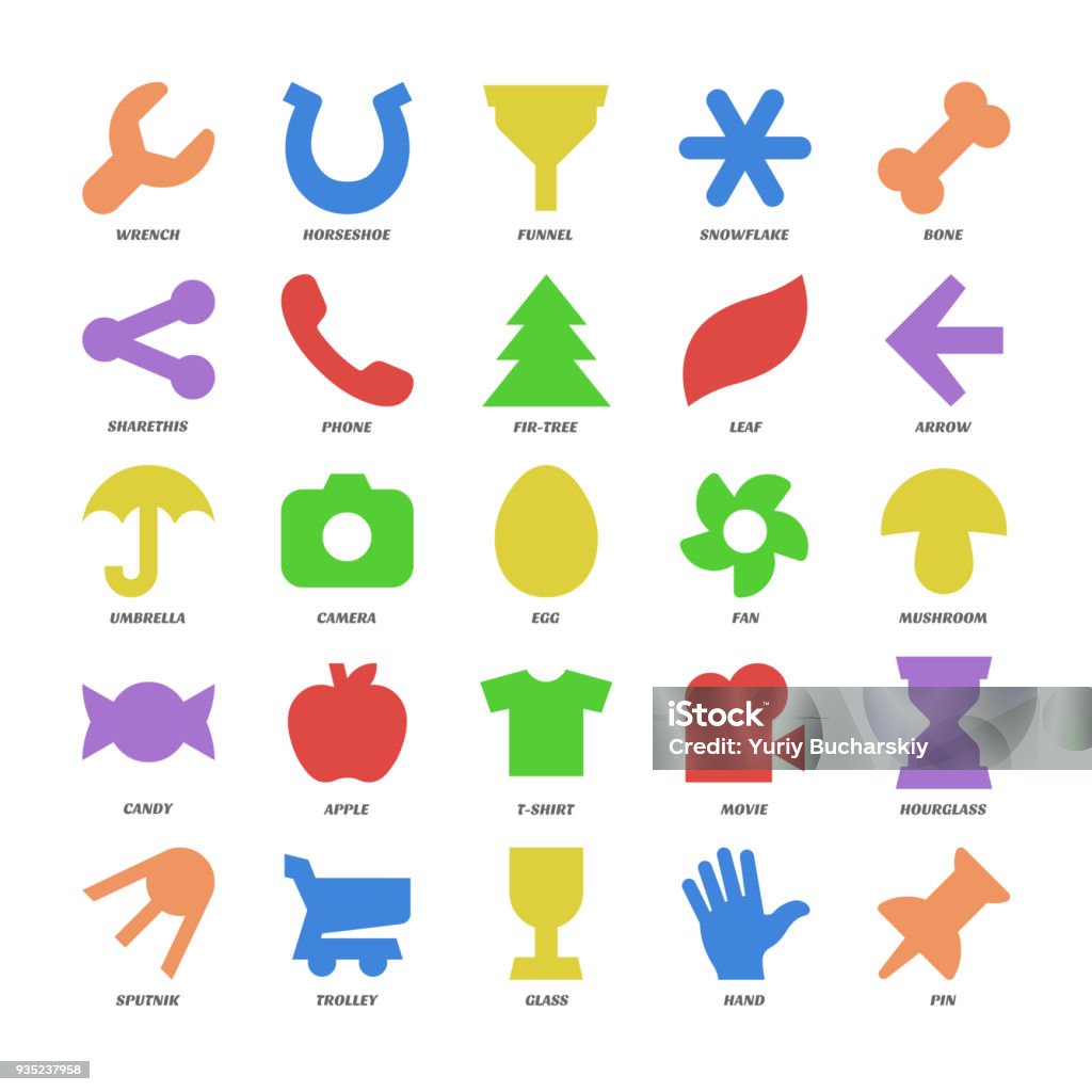 Basic shapes Basic color design shapes set. Simple icon collection of wrench, horseshoe, funnel, snowflake, bone, sharethis, phone, fir-tree, leaf, hourglass, sputnik, trolley, glass, hand, pin, t-shirt, movie. Apple - Fruit stock vector