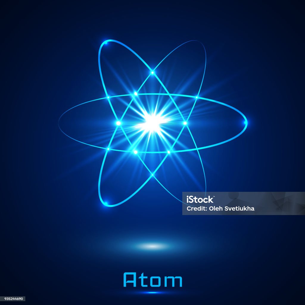 Vector luces de neón brillantes atom modelo - arte vectorial de Átomo libre de derechos