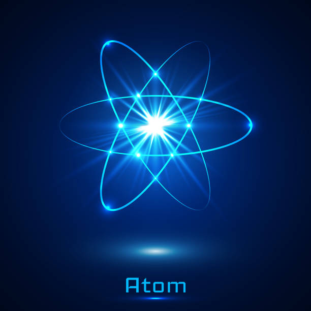 illustrazioni stock, clip art, cartoni animati e icone di tendenza di modello atomo luci al neon scintillanti vettoriali - atom nuclear energy physics science