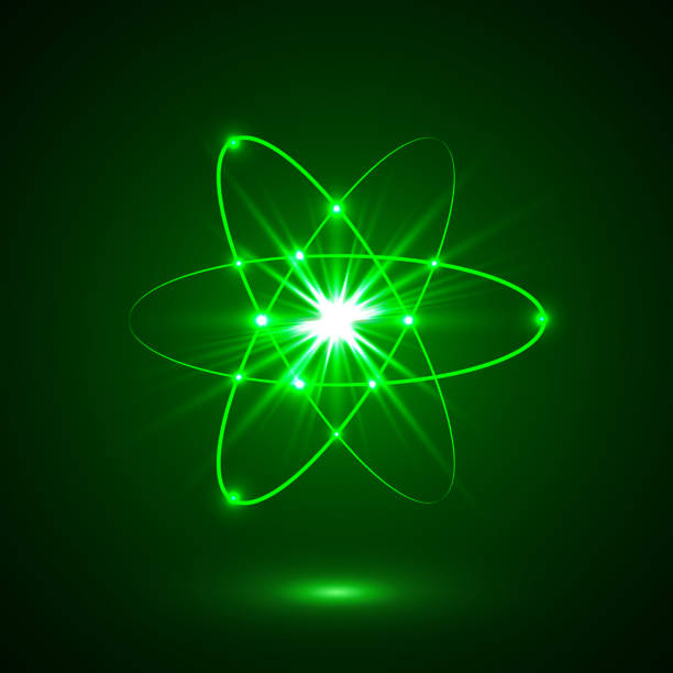 Vector shining neon lights atom model Vector shining neon lights atom model. nuclear fusion atoms stock illustrations