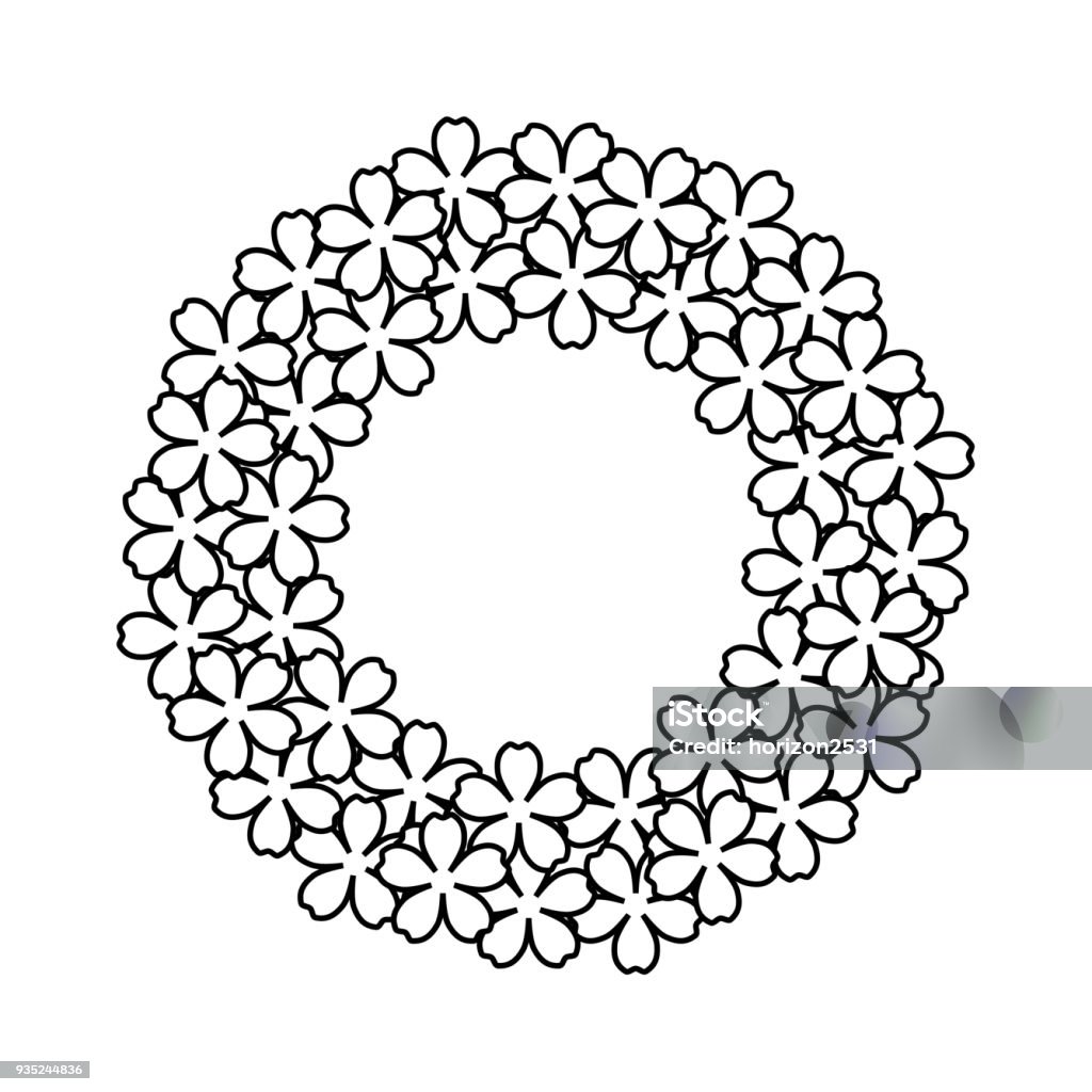 cute flowers round frame Floral wreath outline, Traditional symbol of spring in Japan, Flower Vector design isolated on white background, Coloring book page design for adults and kids Art stock vector