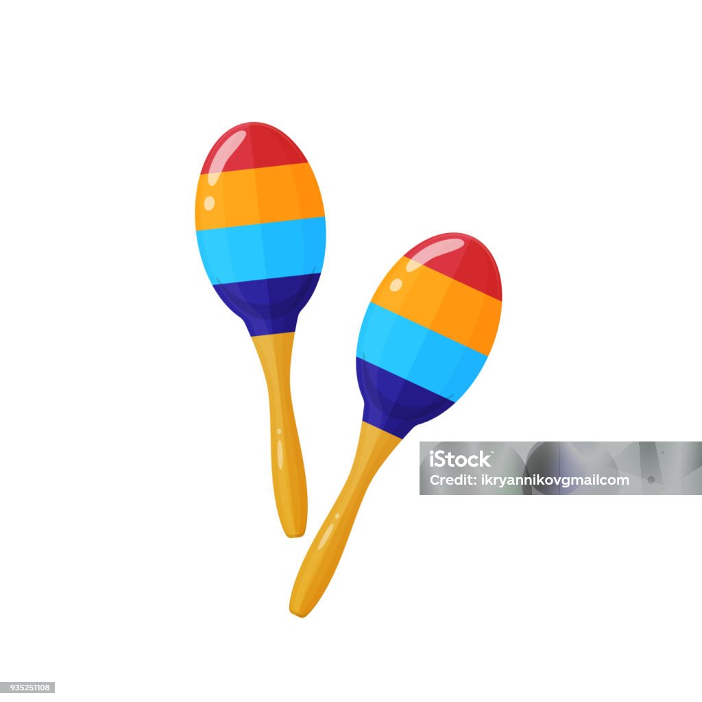Oldest shock-noise musical instrument is maracas, a kind of rattle Oldest shock-noise musical instrument is maracas, a kind of rattle. Carnival, masquerade, party, festive accessories. Modern decorative maracas, musical instrument. Vector illustration isolated. Maraca stock vector