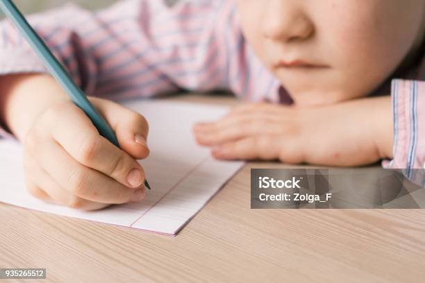 Boy Writing In Notebook Stock Photo - Download Image Now - Child, Writing - Activity, Letter - Document