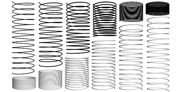 Set with springs 3D. Silhouettes of springs. Animation sequence of compression and expansion of springs. Vector illustration.