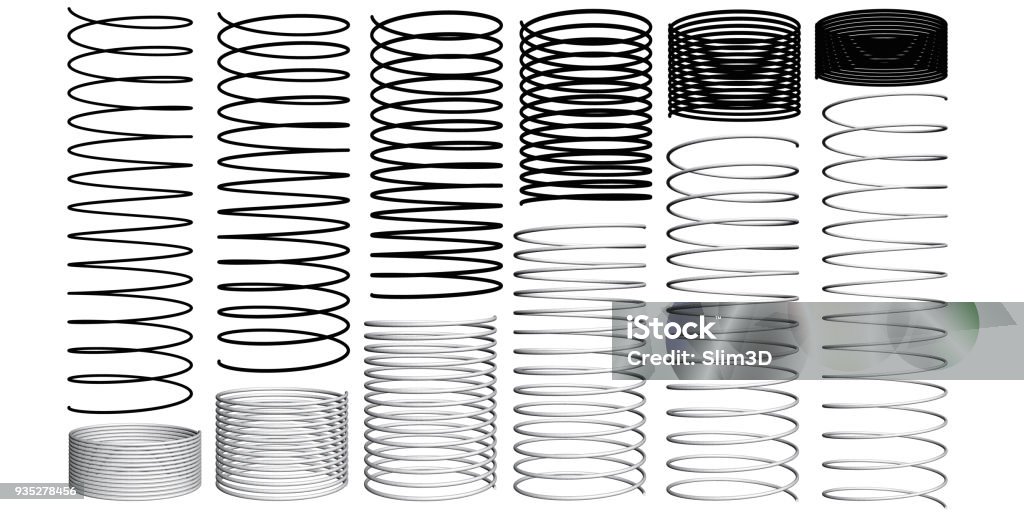 Set with 3D springs Set with springs 3D. Silhouettes of springs. Animation sequence of compression and expansion of springs. Vector illustration. Coiled Spring stock vector