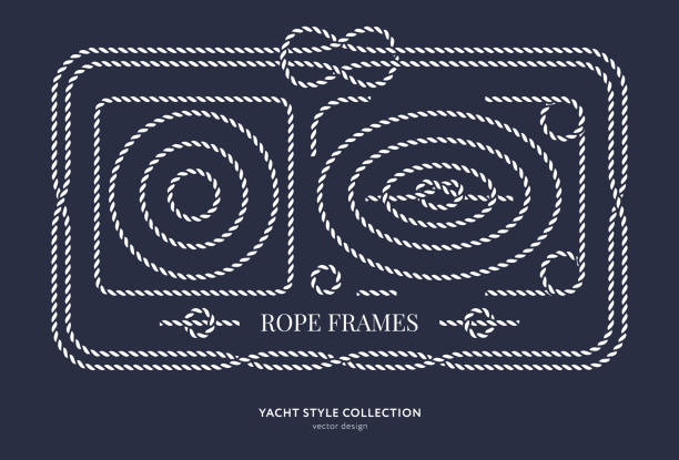 Print Nautical rope knots and frames set. Yacht style design. Vintage decorative elements. Template for prints, cards, fabrics, covers, flyers, menus, banners, posters and placard. Vector illustration. untie-rope stock illustrations