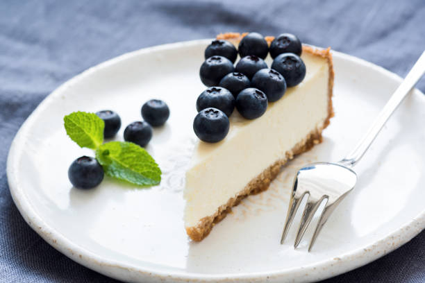 istock Slice of cheesecake with blueberries and mint leaf on white plate 935294588