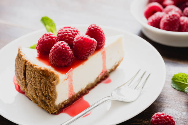 istock Cheesecake with raspberries and berry sauce on white plate 935294604