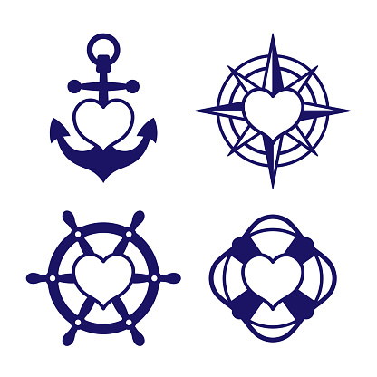 Set of four single color blue icons - marine theme with hearts inside shapes of anchor, compass, ship steering wheel and lifebuoy. Vector Illustration