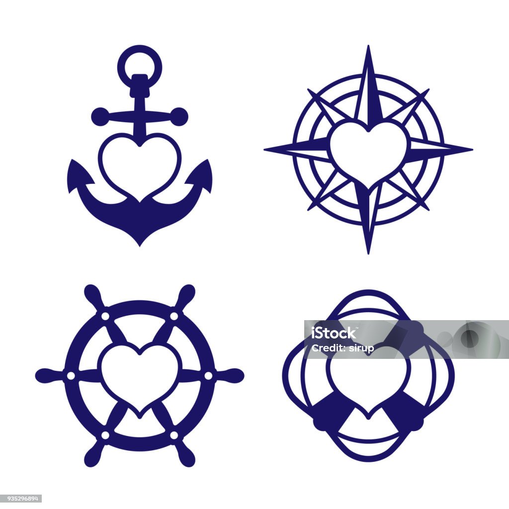 Marine heart icon set of anchor and compass Set of four single color blue icons - marine theme with hearts inside shapes of anchor, compass, ship steering wheel and lifebuoy. Vector Illustration Heart Shape stock vector