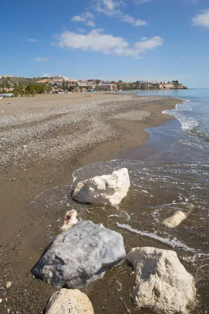 La Cala del Moral beach east of Malaga and near to Rincon de la Victoria on the Costa del Sol Spain with white rocks
